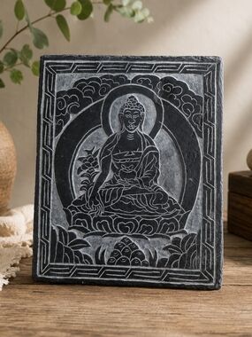 Hand Carved Buddha Slate Wall Plaque Zen Meditation Stone Relief Art Asian Decor